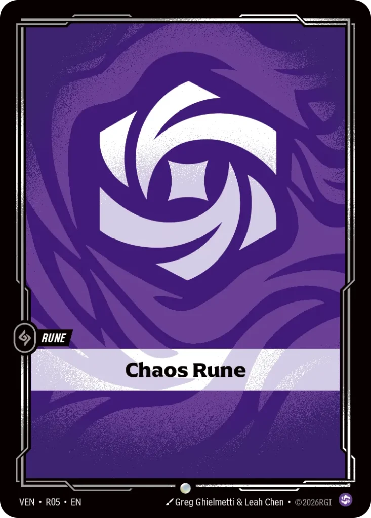 Karta Riftbound: Chaos Rune — Rune, kolor Chaos, dodatek Riftbound Organized Play Promotional Cards. Ilustracja: Greg Ghielmetti & Leah Chen. Opis karty: NO TEXT