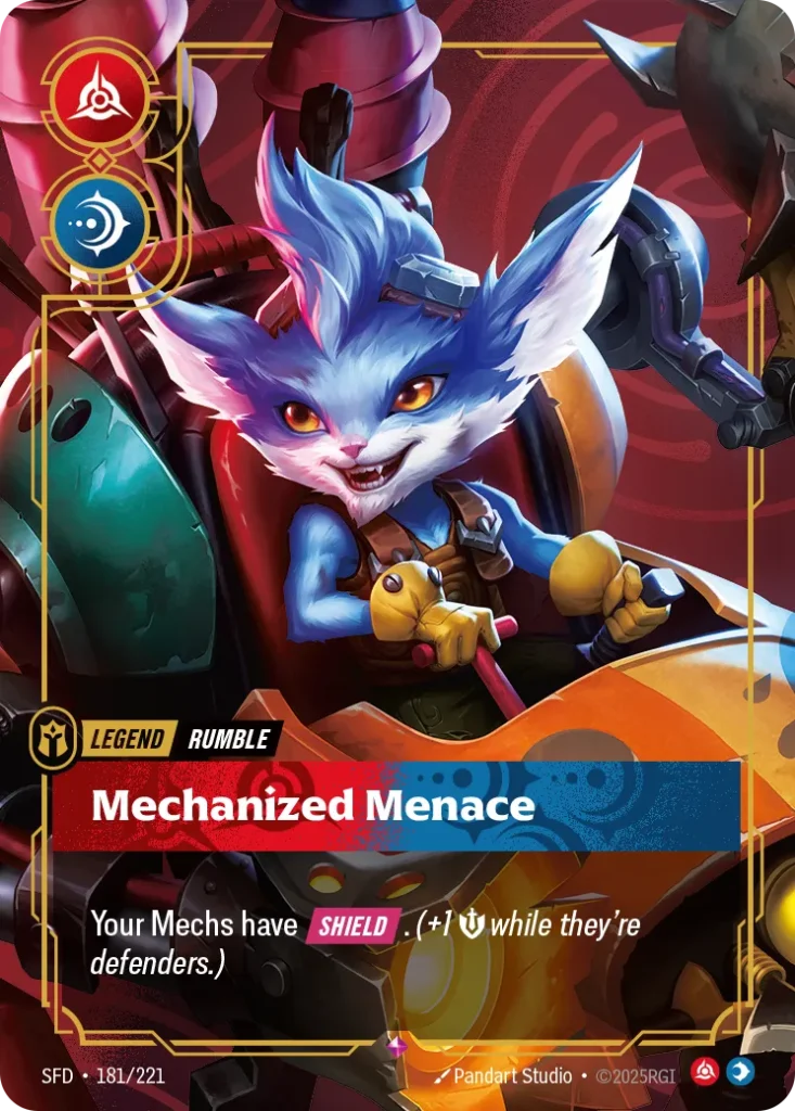 Karta Riftbound: Rumble - Mechanized Menace (Metal) — Legend, kolor Fury/Mind, dodatek Riftbound Organized Play Promotional Cards. Ilustracja: Pandart Studio. Opis karty: Your Mechs have Shield . (+1 💪 while they're defenders.)