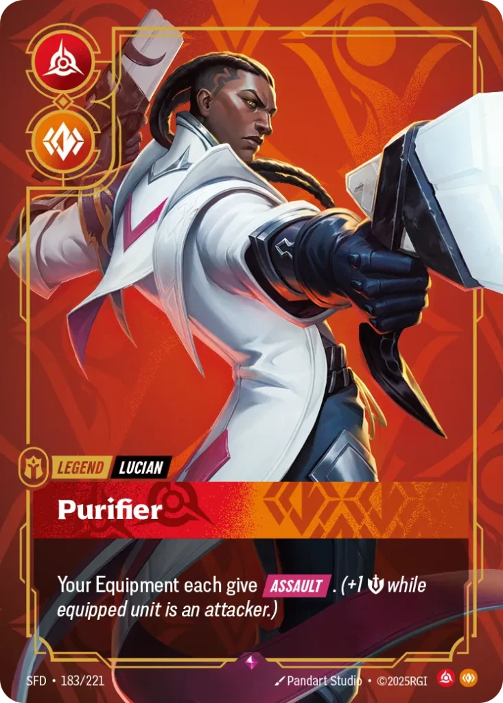 Karta Riftbound: Lucian - Purifier (Metal) — Legend, kolor Fury/Body, dodatek Riftbound Organized Play Promotional Cards. Ilustracja: Pandart Studio. Opis karty: Your Equipment each give Assault . (+1 💪 while equipped unit is an attacker.)
