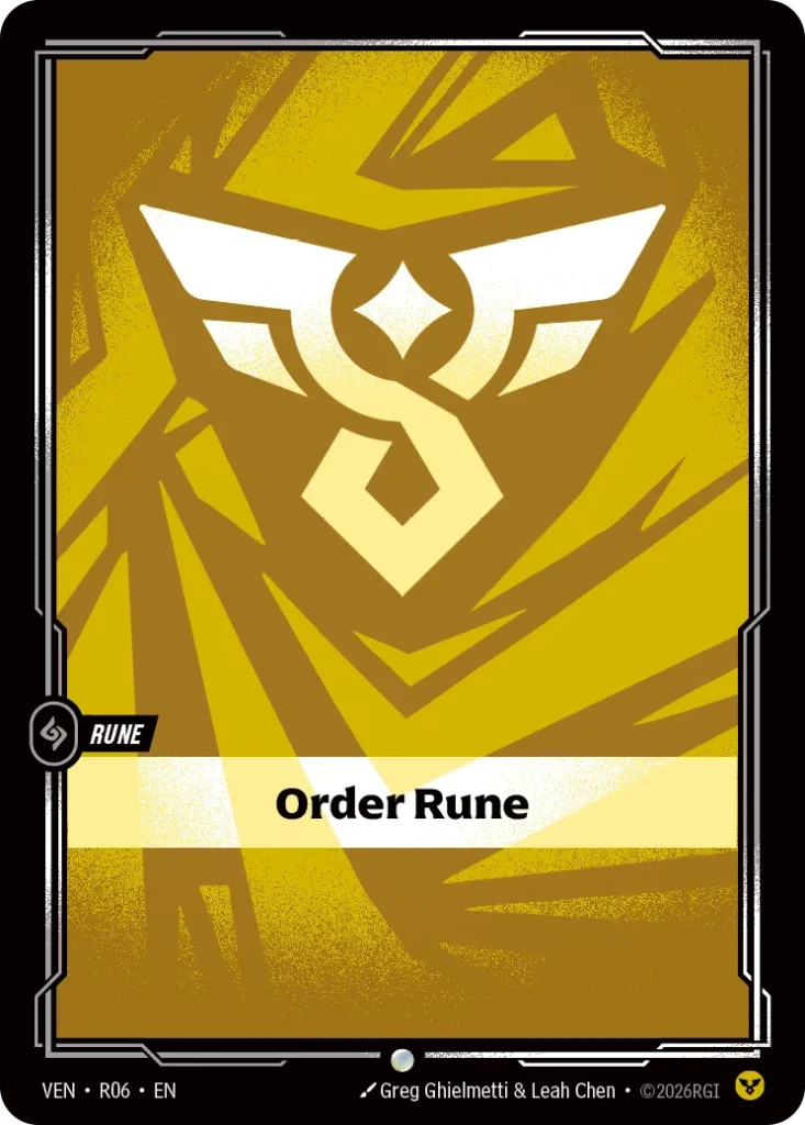 Karta Riftbound: Order Rune — Rune, kolor Order, dodatek Riftbound Organized Play Promotional Cards. Ilustracja: Greg Ghielmetti & Leah Chen. Opis karty: NO TEXT