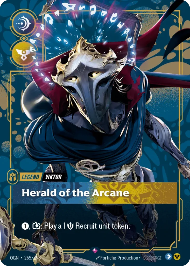 Karta Riftbound: Viktor - Herald of the Arcane (Metal) — Legend, kolor Mind/Order, dodatek Riftbound Organized Play Promotional Cards. Ilustracja: Fortiche Production. Opis karty: 1⚡, : Play a 1 💪 Recruit unit token.