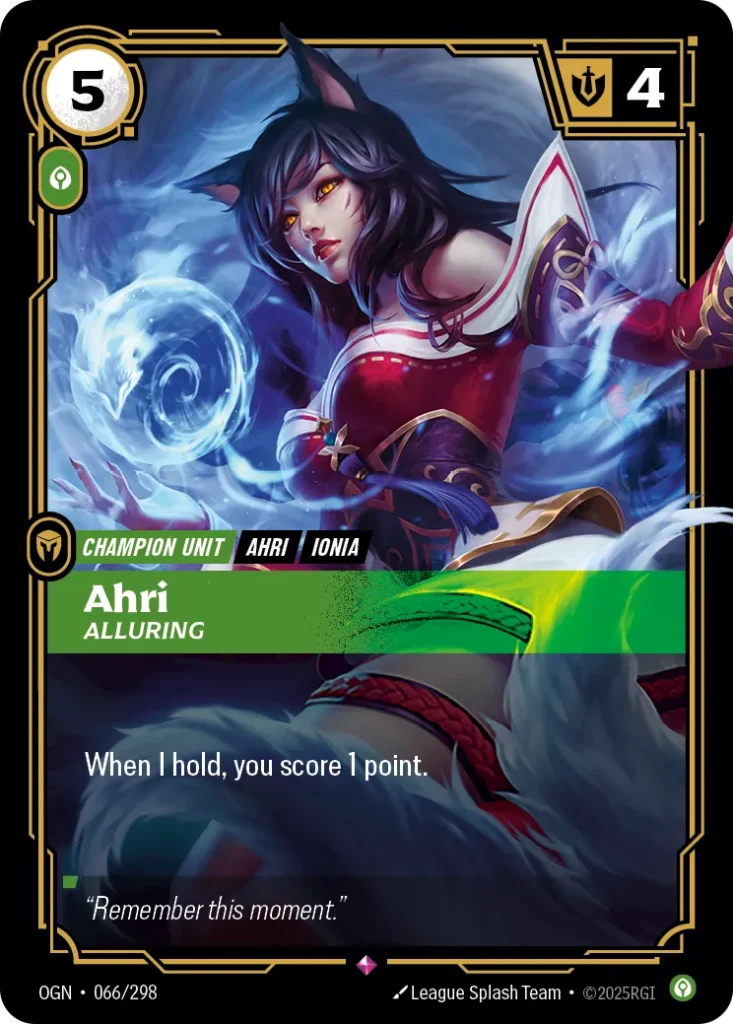 Karta Riftbound: Ahri - Alluring (Launch Exclusive) — Unit, kolor Calm, dodatek Riftbound Promotional Cards. Ilustracja: League Splash Team. Opis karty: When I hold, you score 1 point.