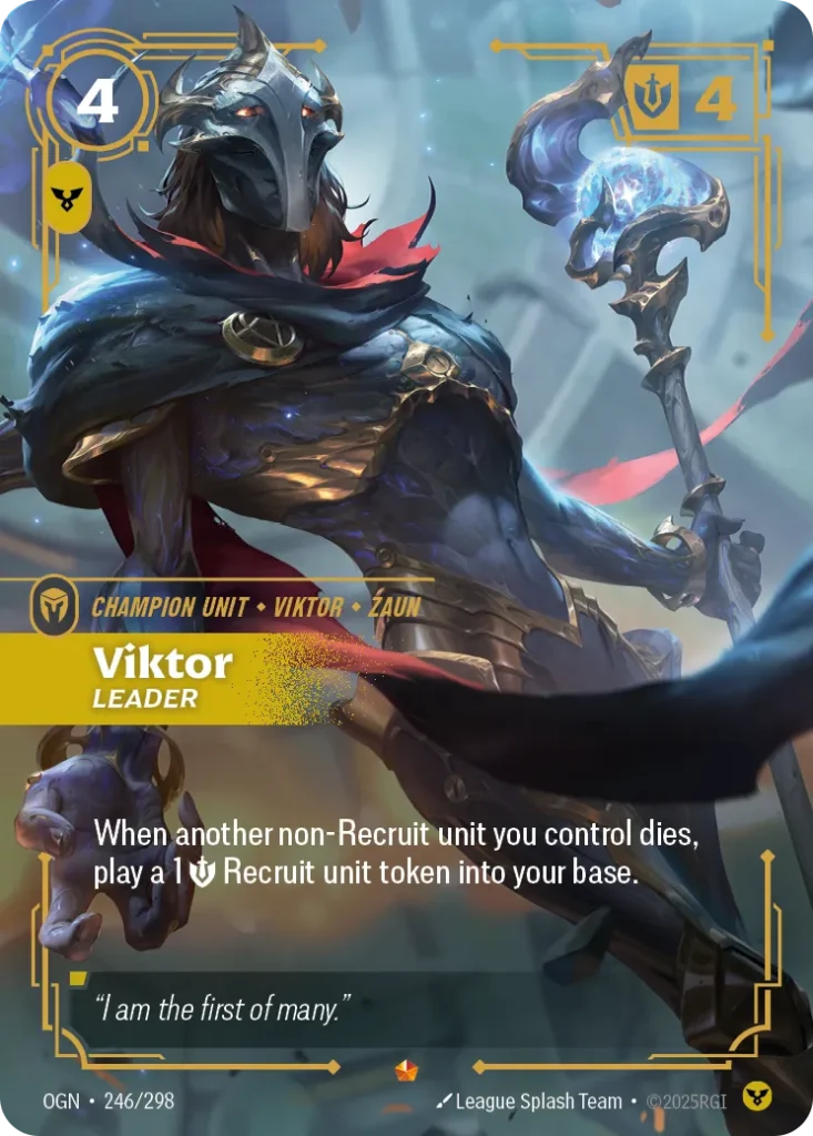 Karta Riftbound: Viktor - Leader — Unit, kolor Order, dodatek Riftbound Promotional Cards. Ilustracja: League Splash Team. Opis karty: When another non-Recruit unit you control dies, play a 1 💪 Recruit unit token into your base.
