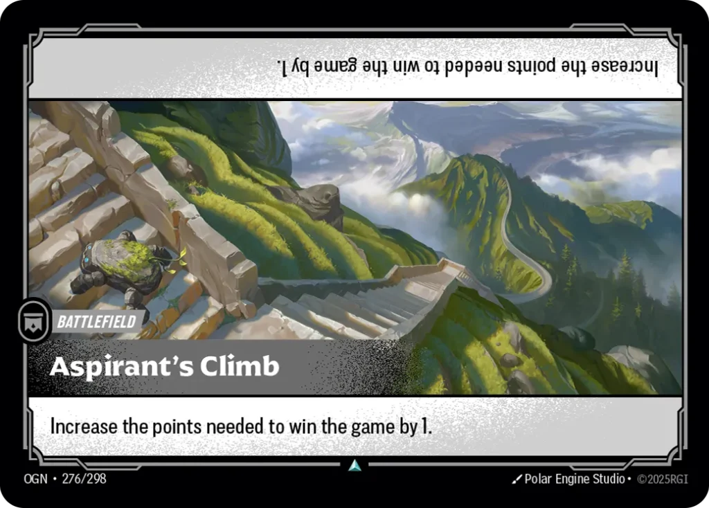 Karta Riftbound: Aspirant's Climb — Battlefield, kolor Colorless, dodatek Riftbound Promotional Cards. Ilustracja: Polar Engine Studio. Opis karty: Increase the points needed to win the game by 1.