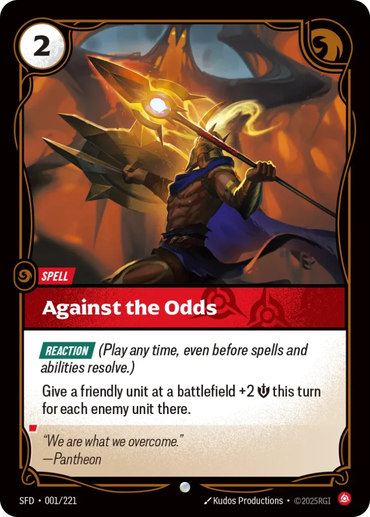 Karta Riftbound: Against the Odds — Spell, kolor Fury, dodatek Spiritforged. Ilustracja: Kudos Productions. Opis karty: Reaction (Play any time, even before spells and abilities resolve.)Give a friendly unit at a battlefield +2 💪 this turn 