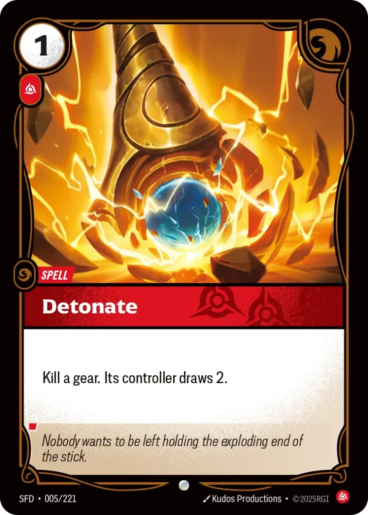 Karta Riftbound: Detonate — Spell, kolor Fury, dodatek Spiritforged. Ilustracja: Kudos Productions. Opis karty: Kill a gear. Its controller draws 2.
