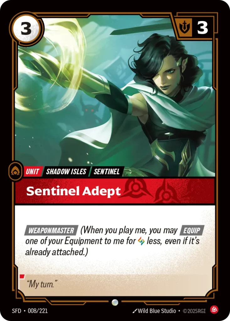 Karta Riftbound: Sentinel Adept — Unit, kolor Fury, dodatek Spiritforged. Ilustracja: Wild Blue Studios. Opis karty: Weaponmaster (When you play me, you may Equip one of your Equipment to me for less, even if it's already attached.)