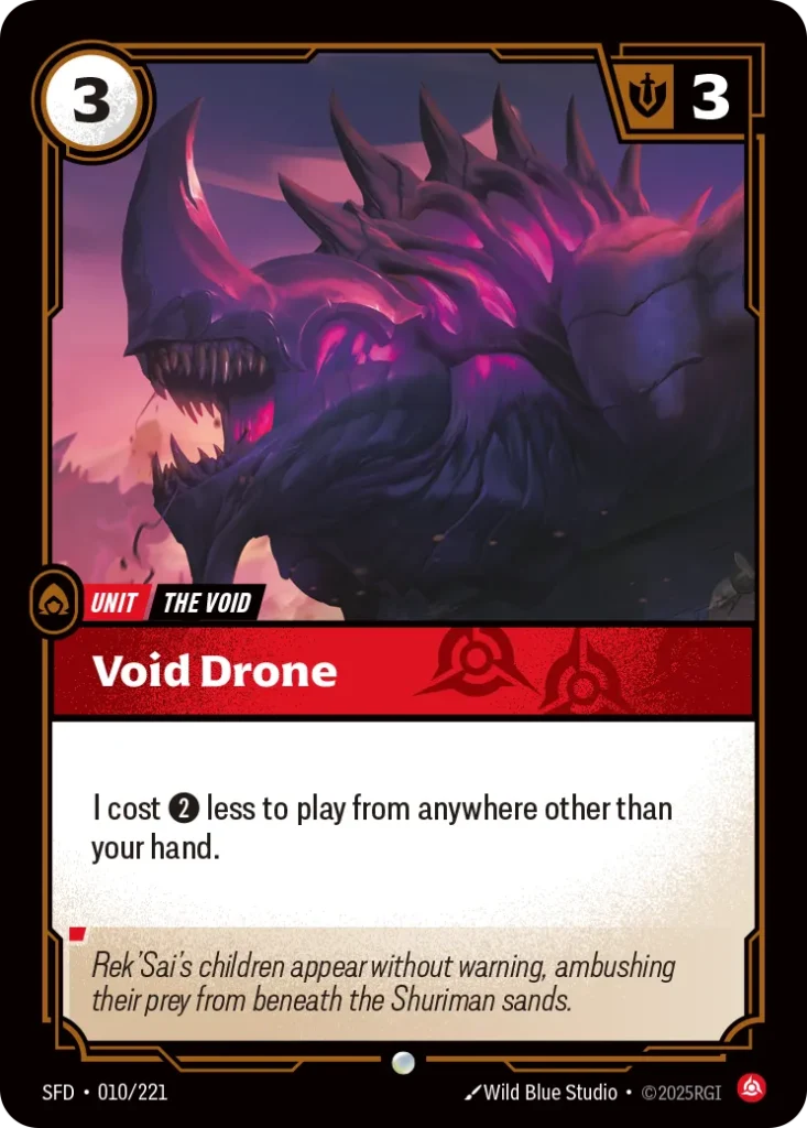 Karta Riftbound: Void Drone — Unit, kolor Fury, dodatek Spiritforged. Ilustracja: Wild Blue Studios. Opis karty: I cost 2⚡ less to play from anywhere other than your hand.