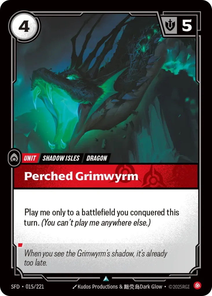 Karta Riftbound: Perched Grimwyrm — Unit, kolor Fury, dodatek Spiritforged. Ilustracja: Kudos Productions & 黯荧岛Dark Glow. Opis karty: Play me only to a battlefield you conquered this turn. (You can't play me anywhere else.)