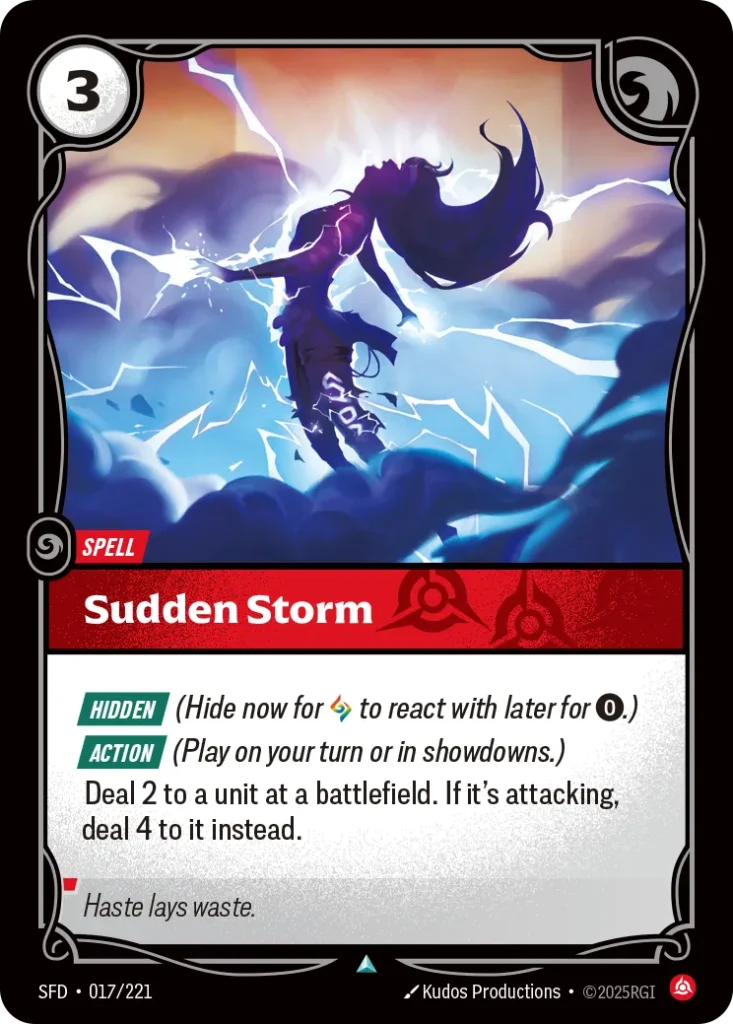Karta Riftbound: Sudden Storm — Spell, kolor Fury, dodatek Spiritforged. Ilustracja: Kudos Productions. Opis karty: Hidden (Hide now for to react with later for 0⚡.) Action (Play on your turn or in showdowns.)Deal 2 to a unit at a battlefie