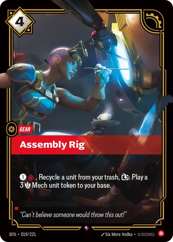 Karta Riftbound: Assembly Rig — Gear, kolor Fury, dodatek Spiritforged. Ilustracja: Six More Vodka. Opis karty: 1⚡, Recycle a unit from your trash, : Play a 3 💪 Mech unit token to your base.