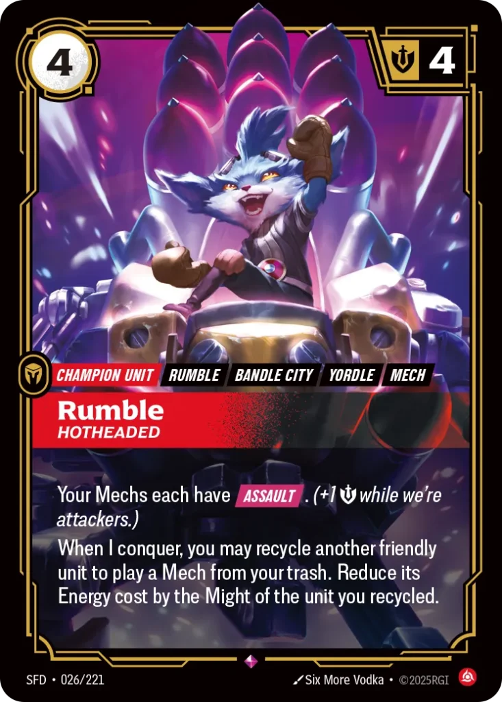 Karta Riftbound: Rumble - Hotheaded — Unit, kolor Fury, dodatek Spiritforged. Ilustracja: Six More Vodka. Opis karty: Your Mechs each have Assault . (+1 💪 while we're attackers.)When I conquer, you may recycle another friendly unit to play 