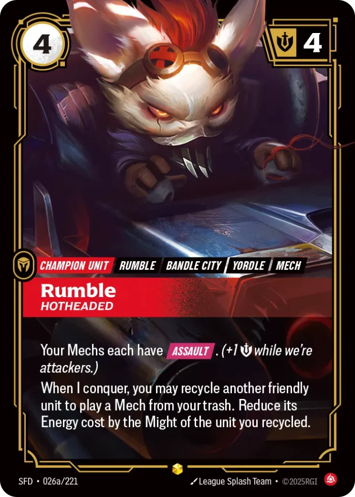 Karta Riftbound: Rumble - Hotheaded (Alternate Art) — Unit, kolor Fury, dodatek Spiritforged. Ilustracja: League Splash Team. Opis karty: Your Mechs each have Assault . (+1 💪 while we're attackers.)When I conquer, you may recycle another fr