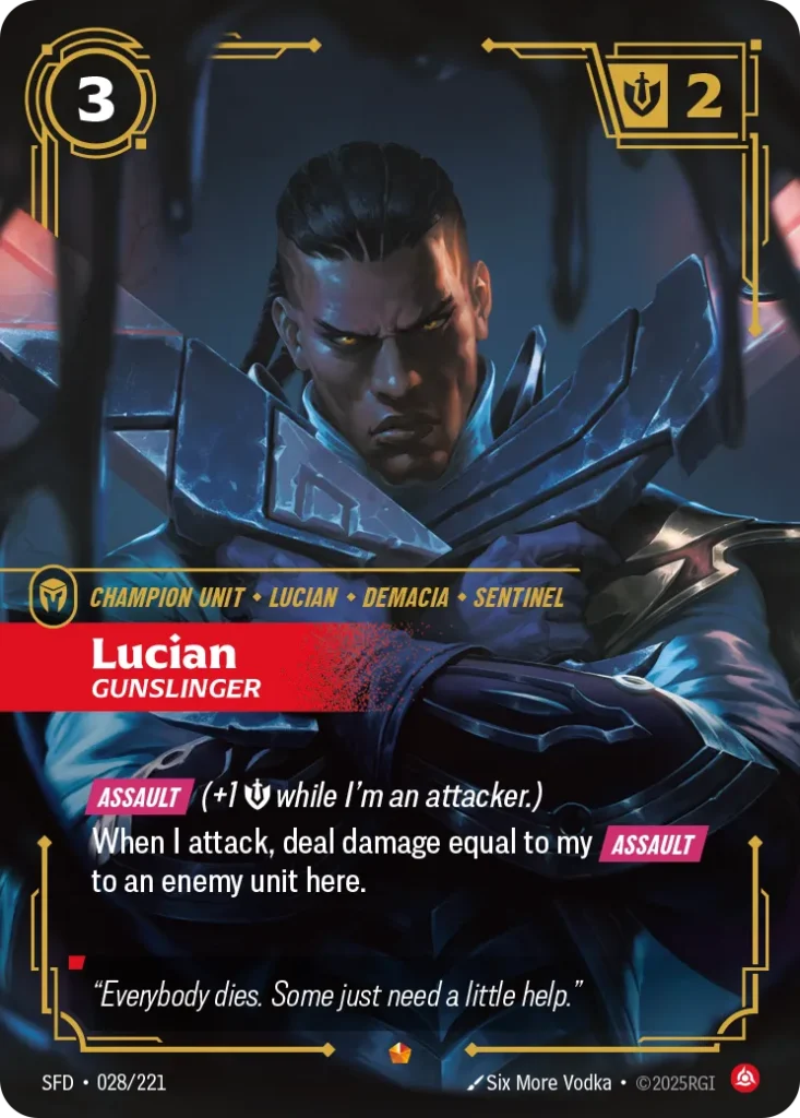Karta Riftbound: Lucian - Gunslinger — Unit, kolor Fury, dodatek Spiritforged. Ilustracja: Six More Vodka. Opis karty: Assault (+1 💪 while I'm an attacker.)When I attack, deal damage equal to my Assault to an enemy unit here.