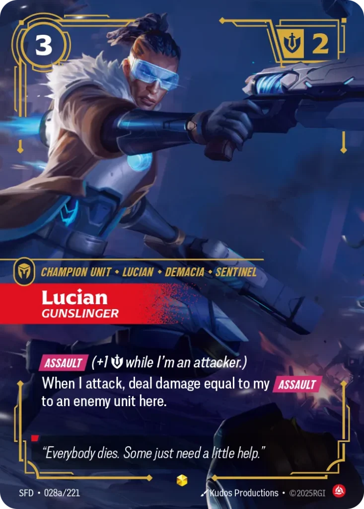 Karta Riftbound: Lucian - Gunslinger (Alternate Art) — Unit, kolor Fury, dodatek Spiritforged. Ilustracja: Kudos Productions. Opis karty: Assault (+1 💪 while I'm an attacker.)When I attack, deal damage equal to my Assault to an enemy unit h