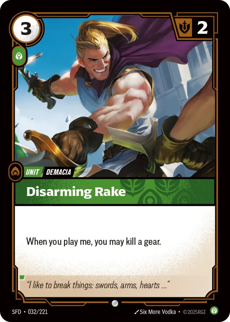 Karta Riftbound: Disarming Rake — Unit, kolor Calm, dodatek Spiritforged. Ilustracja: Six More Vodka. Opis karty: When you play me, you may kill a gear.