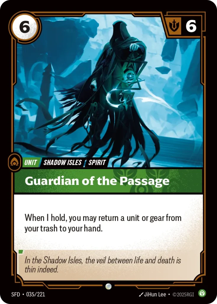 Karta Riftbound: Guardian of the Passage — Unit, kolor Calm, dodatek Spiritforged. Ilustracja: JiHun Lee. Opis karty: When I hold, you may return a unit or gear from your trash to your hand.