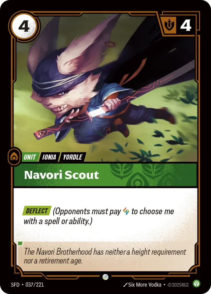 Karta Riftbound: Navori Scout — Unit, kolor Calm, dodatek Spiritforged. Ilustracja: Six More Vodka. Opis karty: Deflect (Opponents must pay to choose me with a spell or ability.)