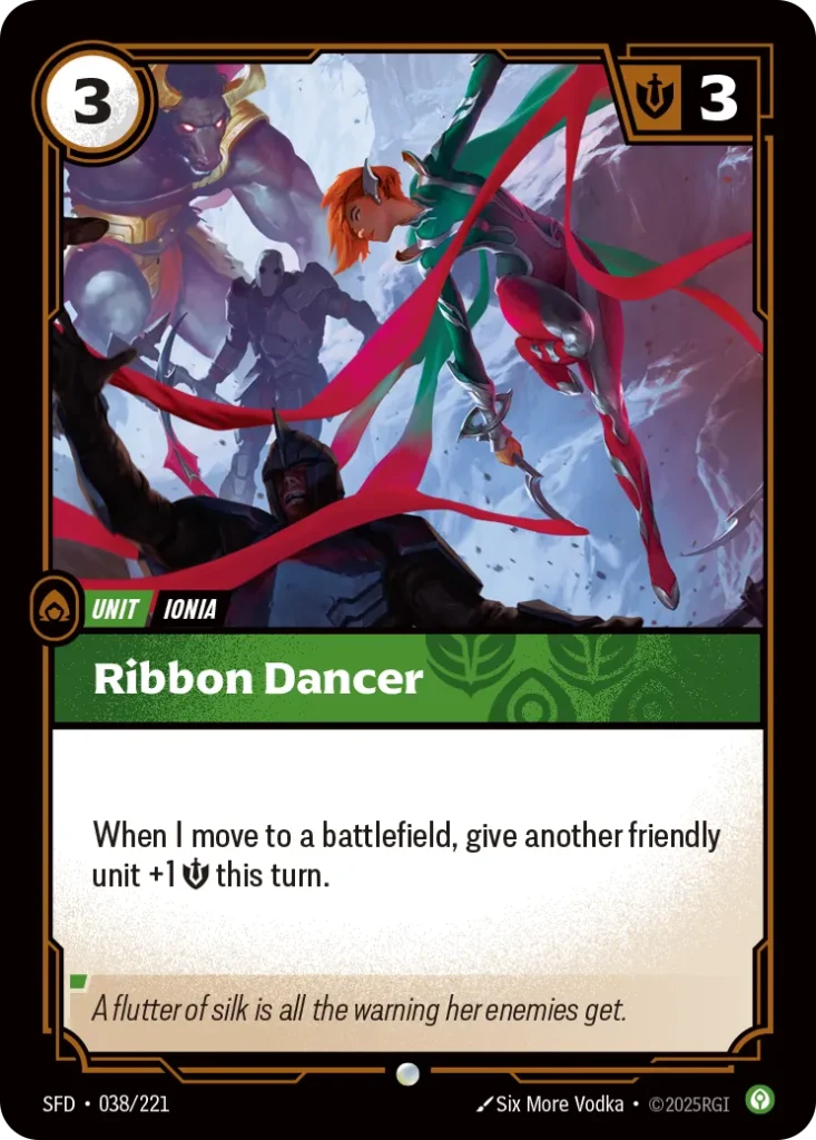 Karta Riftbound: Ribbon Dancer — Unit, kolor Calm, dodatek Spiritforged. Ilustracja: Six More Vodka. Opis karty: When I move to a battlefield, give another friendly unit +1 💪 this turn.