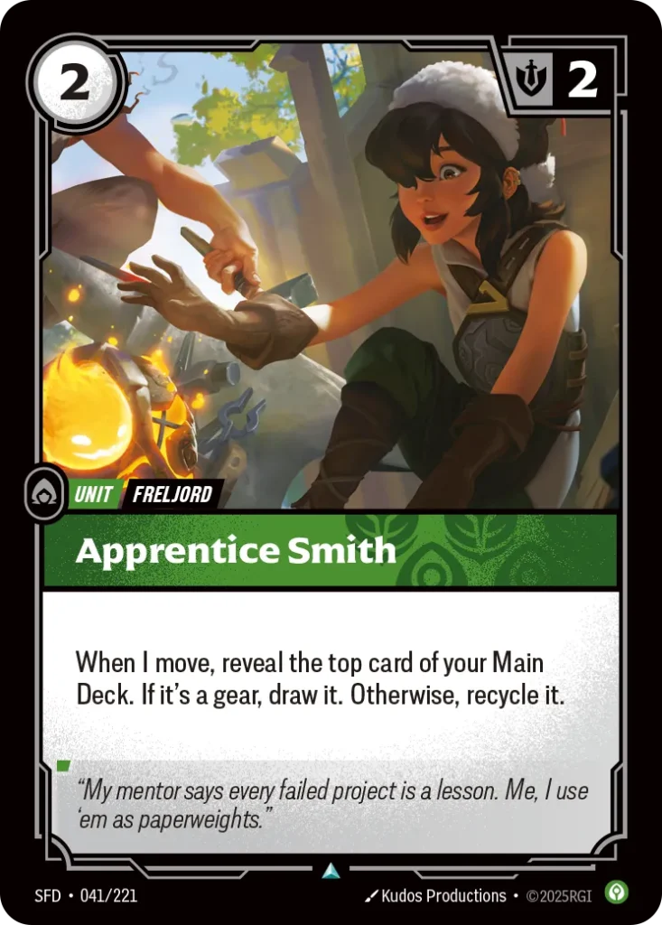Karta Riftbound: Apprentice Smith — Unit, kolor Calm, dodatek Spiritforged. Ilustracja: Kudos Productions. Opis karty: When I move, reveal the top card of your Main Deck. If it's a gear, draw it. Otherwise, recycle it.