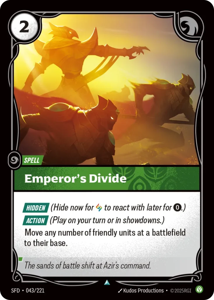 Karta Riftbound: Emperor's Divide — Spell, kolor Calm, dodatek Spiritforged. Ilustracja: Kudos Productions. Opis karty: Hidden (Hide now for to react with later for 0⚡.) Action (Play on your turn or in showdowns.)Move any number of friendly
