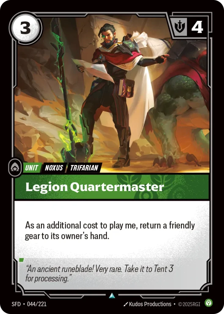 Karta Riftbound: Legion Quartermaster — Unit, kolor Calm, dodatek Spiritforged. Ilustracja: Kudos Productions. Opis karty: As an additional cost to play me, return a friendly gear to its owner's hand.