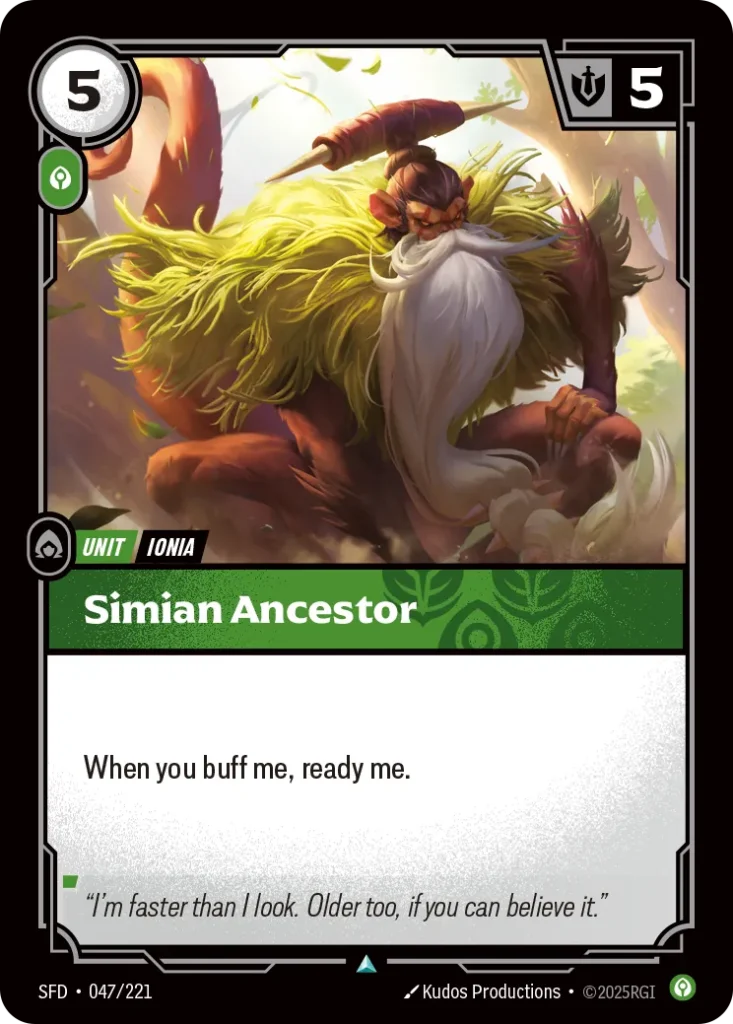 Karta Riftbound: Simian Ancestor — Unit, kolor Calm, dodatek Spiritforged. Ilustracja: Kudos Productions. Opis karty: When you buff me, ready me.