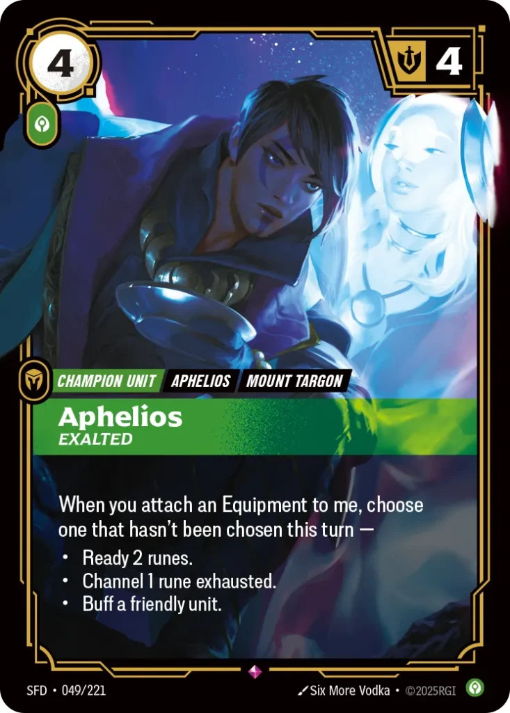 Karta Riftbound: Aphelios - Exalted — Unit, kolor Calm, dodatek Spiritforged. Ilustracja: Six More Vodka. Opis karty: When you attach an Equipment to me, choose one that hasn't been chosen this turn —Ready 2 runes.Channel 1 rune exhausted.B