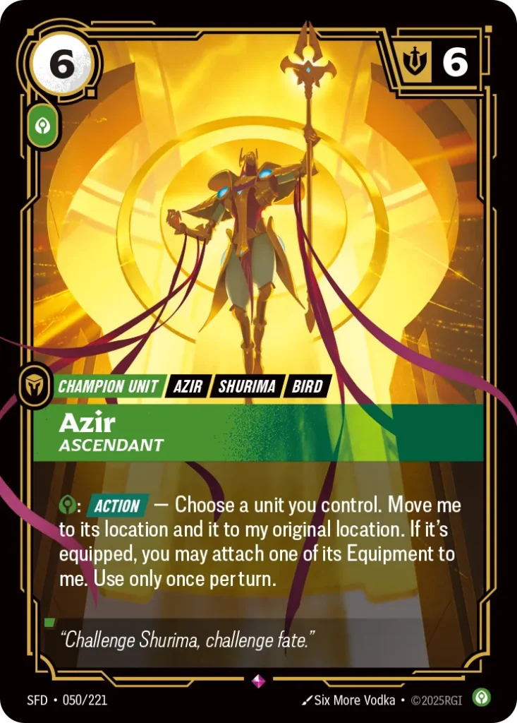 Karta Riftbound: Azir - Ascendant — Unit, kolor Calm, dodatek Spiritforged. Ilustracja: Six More Vodka. Opis karty: : Action — Choose a unit you control. Move me to its location and it to my original location. If it's equipped, you may atta