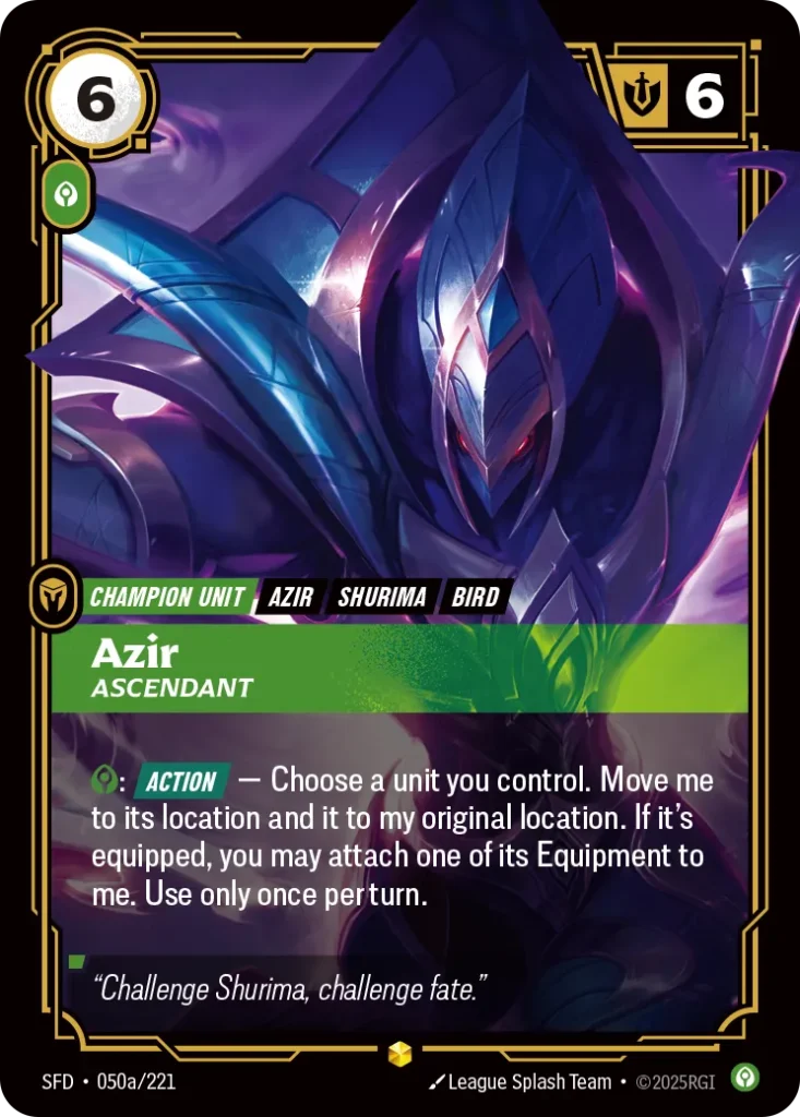 Karta Riftbound: Azir - Ascendant (Alternate Art) — Unit, kolor Calm, dodatek Spiritforged. Ilustracja: League Splash Team. Opis karty: : Action — Choose a unit you control. Move me to its location and it to my original location. If it's eq