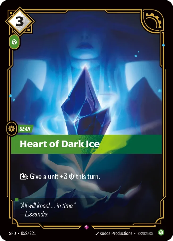Karta Riftbound: Heart of Dark Ice — Gear, kolor Calm, dodatek Spiritforged. Ilustracja: Kudos Productions. Opis karty: : Give a unit +3 💪 this turn.