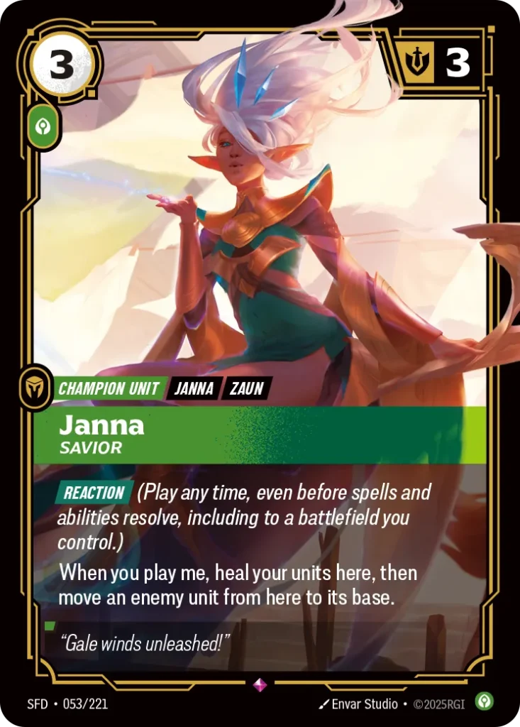 Karta Riftbound: Janna - Savior — Unit, kolor Calm, dodatek Spiritforged. Ilustracja: Envar Studio. Opis karty: Reaction (Play any time, even before spells and abilities resolve, including to a battlefield you control.)When you play me, hea