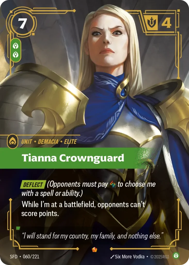 Karta Riftbound: Tianna Crownguard — Unit, kolor Calm, dodatek Spiritforged. Ilustracja: Six More Vodka. Opis karty: Deflect (Opponents must pay to choose me with a spell or ability.)While I'm at a battlefield, opponents can't score points.