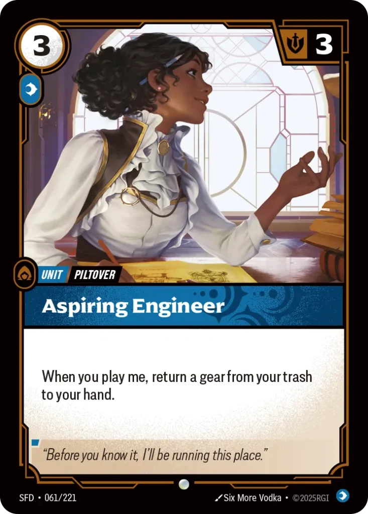 Karta Riftbound: Aspiring Engineer — Unit, kolor Mind, dodatek Spiritforged. Ilustracja: Six More Vodka. Opis karty: When you play me, return a gear from your trash to your hand.