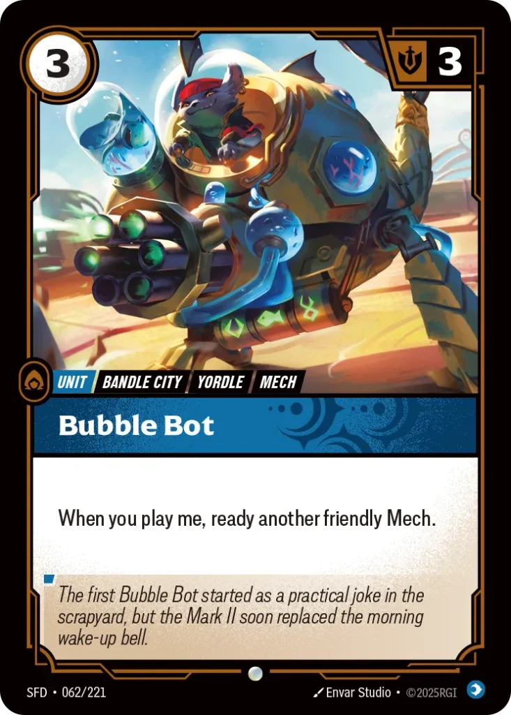 Karta Riftbound: Bubble Bot — Unit, kolor Mind, dodatek Spiritforged. Ilustracja: Envar Studio. Opis karty: When you play me, ready another friendly Mech.