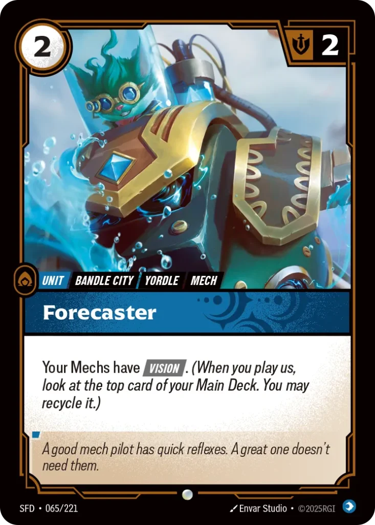 Karta Riftbound: Forecaster — Unit, kolor Mind, dodatek Spiritforged. Ilustracja: Envar Studio. Opis karty: Your Mechs have Vision . (When you play us, look at the top card of your Main Deck. You may recycle it.)