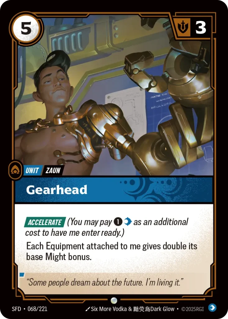 Karta Riftbound: Gearhead — Unit, kolor Mind, dodatek Spiritforged. Ilustracja: Six More Vodka & 黯荧岛Dark Glow. Opis karty: Accelerate (You may pay 1⚡ as an additional cost to have me enter ready.)Each Equipment attached to me gives double i