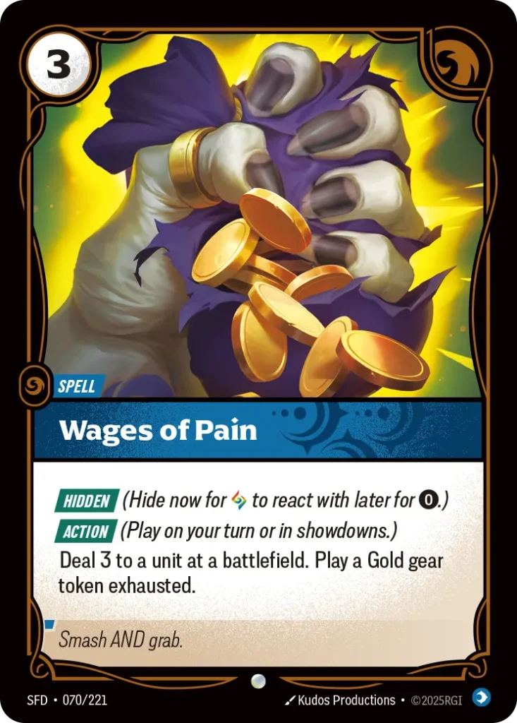 Karta Riftbound: Wages of Pain — Spell, kolor Mind, dodatek Spiritforged. Ilustracja: Kudos Productions. Opis karty: Hidden (Hide now for to react with later for 0⚡.) Action (Play on your turn or in showdowns.)Deal 3 to a unit at a battlefi