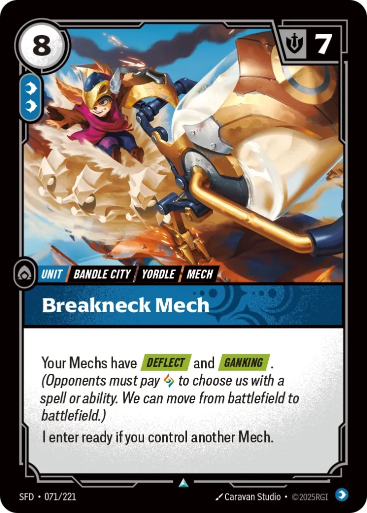 Karta Riftbound: Breakneck Mech — Unit, kolor Mind, dodatek Spiritforged. Ilustracja: Caravan Studio. Opis karty: Your Mechs have Deflect and Ganking . (Opponents must pay to choose us with a spell or ability. We can move from battlefield t