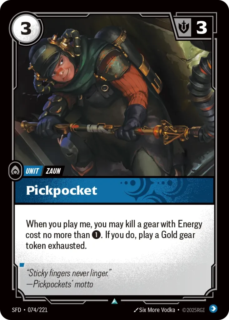 Karta Riftbound: Pickpocket — Unit, kolor Mind, dodatek Spiritforged. Ilustracja: Six More Vodka. Opis karty: When you play me, you may kill a gear with Energy cost no more than 1⚡. If you do, play a Gold gear token exhausted.