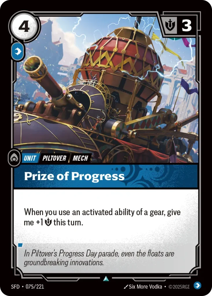 Karta Riftbound: Prize of Progress — Unit, kolor Mind, dodatek Spiritforged. Ilustracja: Six More Vodka. Opis karty: When you use an activated ability of a gear, give me +1 💪 this turn.