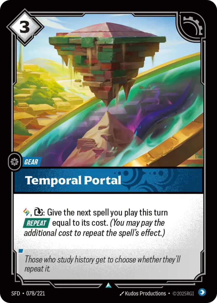 Karta Riftbound: Temporal Portal — Gear, kolor Mind, dodatek Spiritforged. Ilustracja: Kudos Productions. Opis karty: , : Give the next spell you play this turn Repeat equal to its cost. (You may pay the additional cost to repeat the spell'