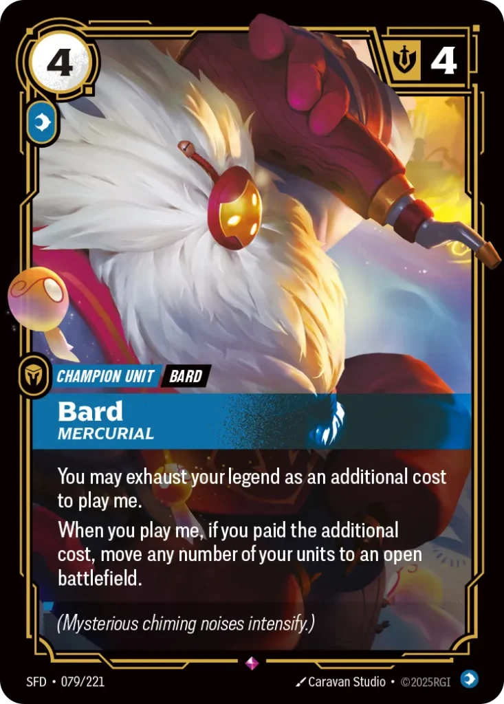 Karta Riftbound: Bard - Mercurial — Unit, kolor Mind, dodatek Spiritforged. Ilustracja: Caravan Studio. Opis karty: You may exhaust your legend as an additional cost to play me.When you play me, if you paid the additional cost, move any num