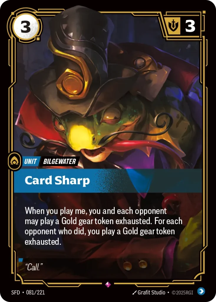 Karta Riftbound: Card Sharp — Unit, kolor Mind, dodatek Spiritforged. Ilustracja: Grafit Studio. Opis karty: When you play me, you and each opponent may play a Gold gear token exhausted. For each opponent who did, you play a Gold gear token