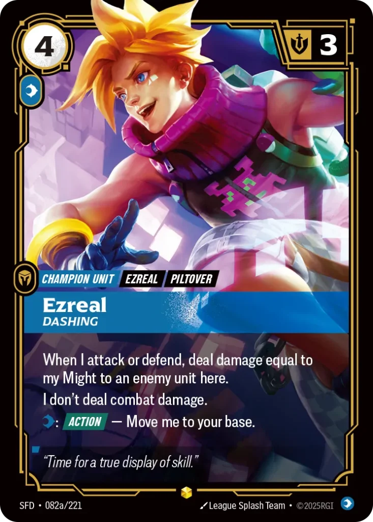 Karta Riftbound: Ezreal - Dashing (Alternate Art) — Unit, kolor Mind, dodatek Spiritforged. Ilustracja: League Splash Team. Opis karty: When I attack or defend, deal damage equal to my Might to an enemy unit here.I don't deal combat damage.