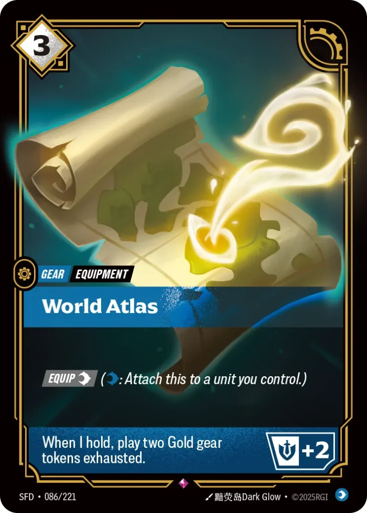 Karta Riftbound: World Atlas — Gear, kolor Mind, dodatek Spiritforged. Ilustracja: 黯荧岛Dark Glow. Opis karty: Equip (: Attach this to a unit you control.)