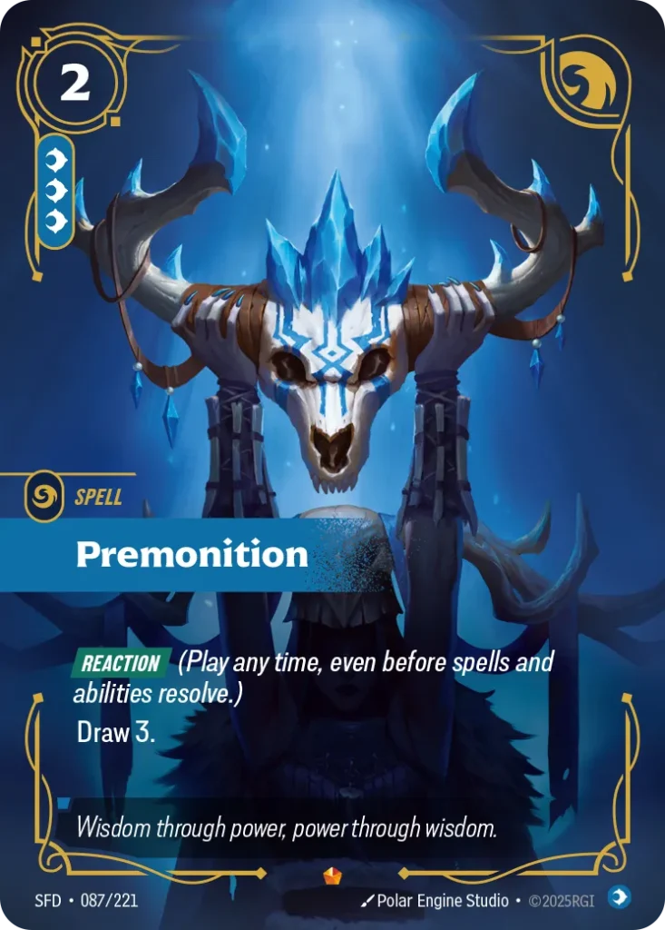 Karta Riftbound: Premonition — Spell, kolor Mind, dodatek Spiritforged. Ilustracja: Polar Engine Studio. Opis karty: Reaction (Play any time, even before spells and abilities resolve.)Draw 3.