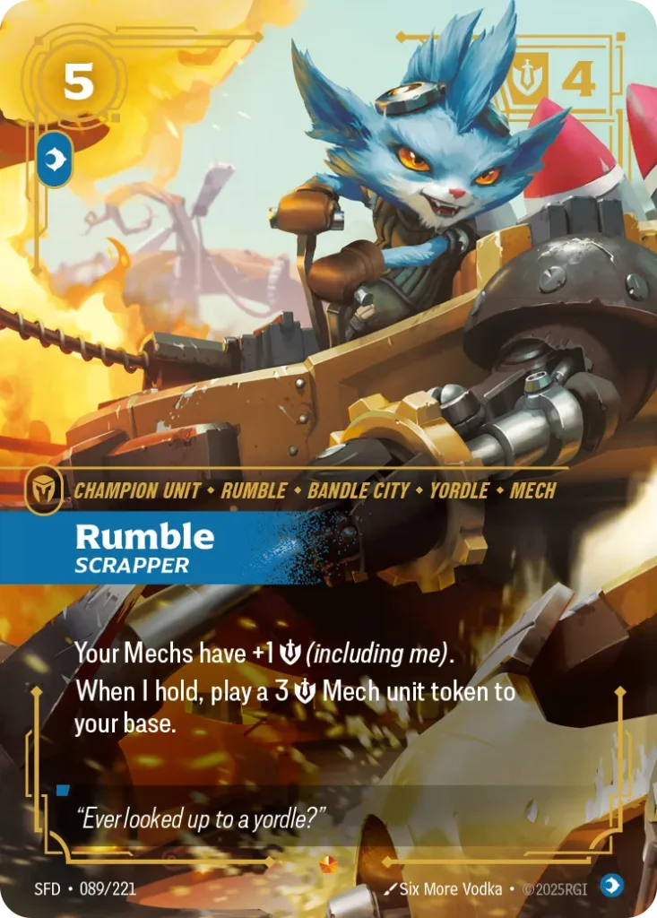 Karta Riftbound: Rumble - Scrapper — Unit, kolor Mind, dodatek Spiritforged. Ilustracja: Six More Vodka. Opis karty: Your Mechs have +1 💪 (including me).When I hold, play a 3 💪 Mech unit token to your base.
