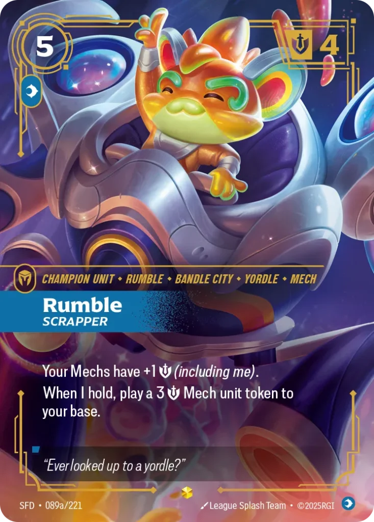 Karta Riftbound: Rumble - Scrapper (Alternate Art) — Unit, kolor Mind, dodatek Spiritforged. Ilustracja: League Splash Team. Opis karty: Your Mechs have +1 💪 (including me).When I hold, play a 3 💪 Mech unit token to your base.