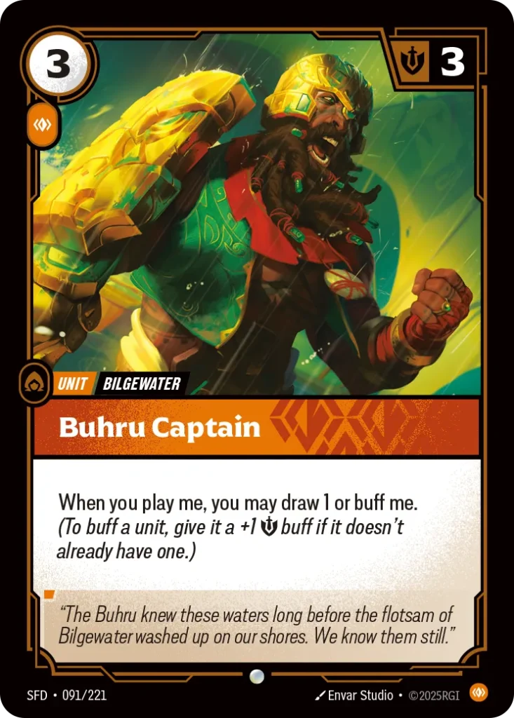 Karta Riftbound: Buhru Captain — Unit, kolor Body, dodatek Spiritforged. Ilustracja: Envar Studio. Opis karty: When you play me, you may draw 1 or buff me. (To buff a unit, give it a +1 💪 buff if it doesn't already have one.)